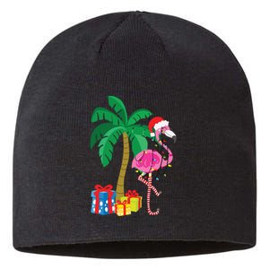 Pink Flamingo Christmas Palm Tree Tropical Xmas Funny Sustainable Beanie