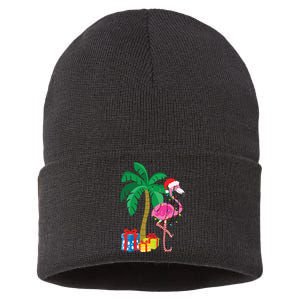 Pink Flamingo Christmas Palm Tree Tropical Xmas Funny Sustainable Knit Beanie