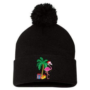 Pink Flamingo Christmas Palm Tree Tropical Xmas Funny Pom Pom 12in Knit Beanie