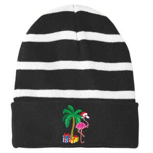 Pink Flamingo Christmas Palm Tree Tropical Xmas Funny Striped Beanie with Solid Band