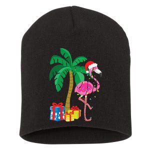 Pink Flamingo Christmas Palm Tree Tropical Xmas Funny Short Acrylic Beanie