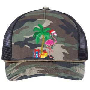 Pink Flamingo Christmas Palm Tree Tropical Xmas Funny Retro Rope Trucker Hat Cap