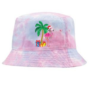 Pink Flamingo Christmas Palm Tree Tropical Xmas Funny Tie-Dyed Bucket Hat