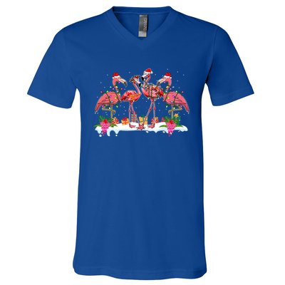 Pink Flamingo Christmas Lighting Xmas Tree Santa Hat Pajama Cool Gift V-Neck T-Shirt