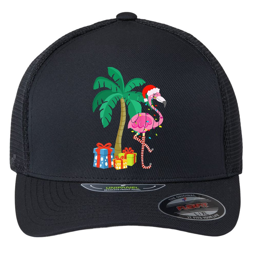 Pink Flamingo Christmas Palm Tree Tropical Xmas Funny Flexfit Unipanel Trucker Cap