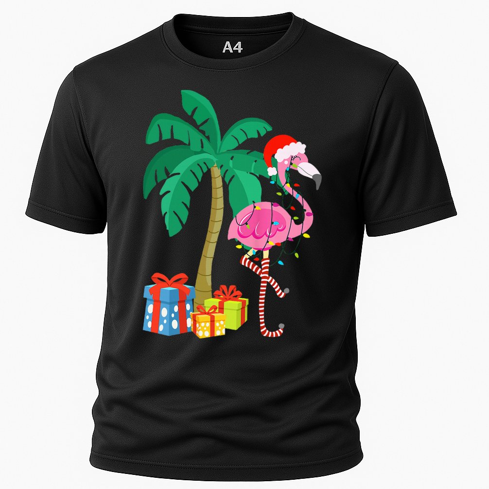 Pink Flamingo Christmas Palm Tree Tropical Xmas Funny Cooling Performance Crew T-Shirt