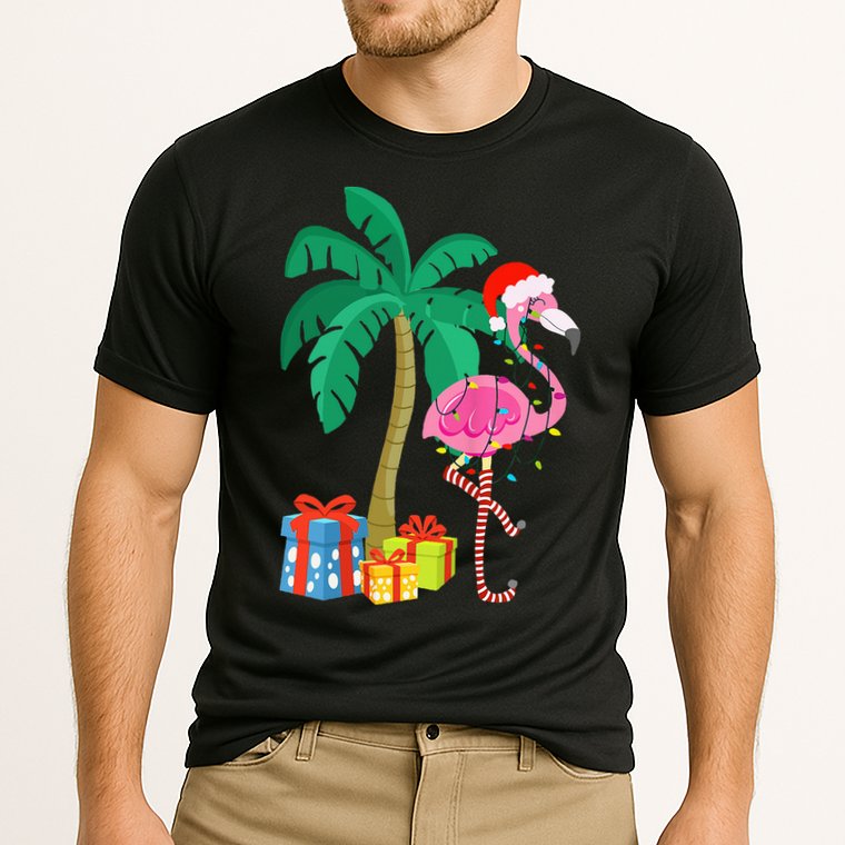 Pink Flamingo Christmas Palm Tree Tropical Xmas Funny Cooling Performance Crew T-Shirt