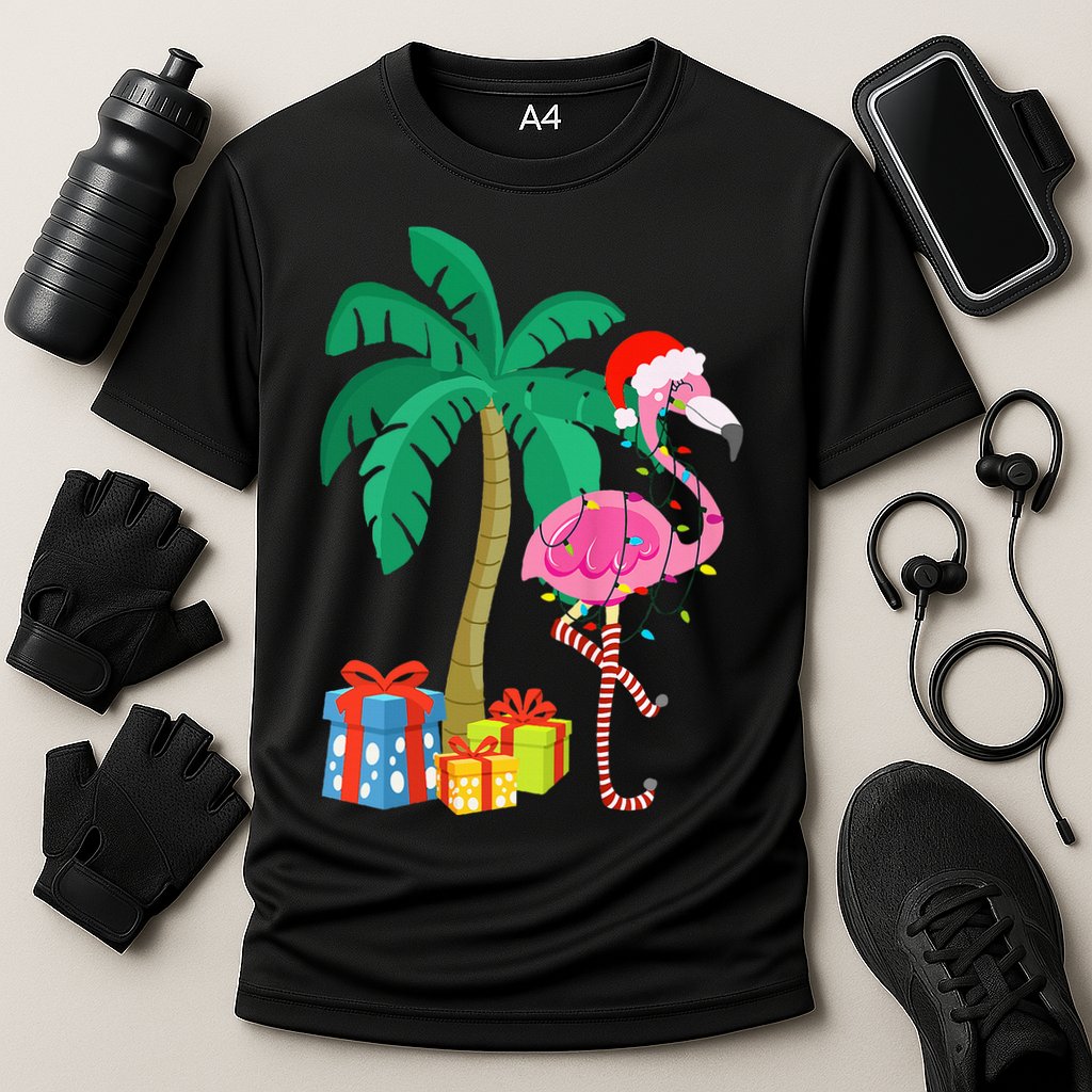 Pink Flamingo Christmas Palm Tree Tropical Xmas Funny Cooling Performance Crew T-Shirt