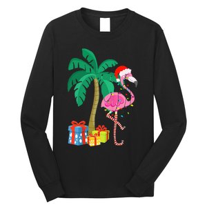 Pink Flamingo Christmas Palm Tree Tropical Xmas Funny Long Sleeve Shirt