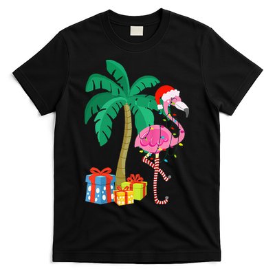 Pink Flamingo Christmas Palm Tree Tropical Xmas Funny T-Shirt