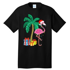 Pink Flamingo Christmas Palm Tree Tropical Xmas Funny Tall T-Shirt