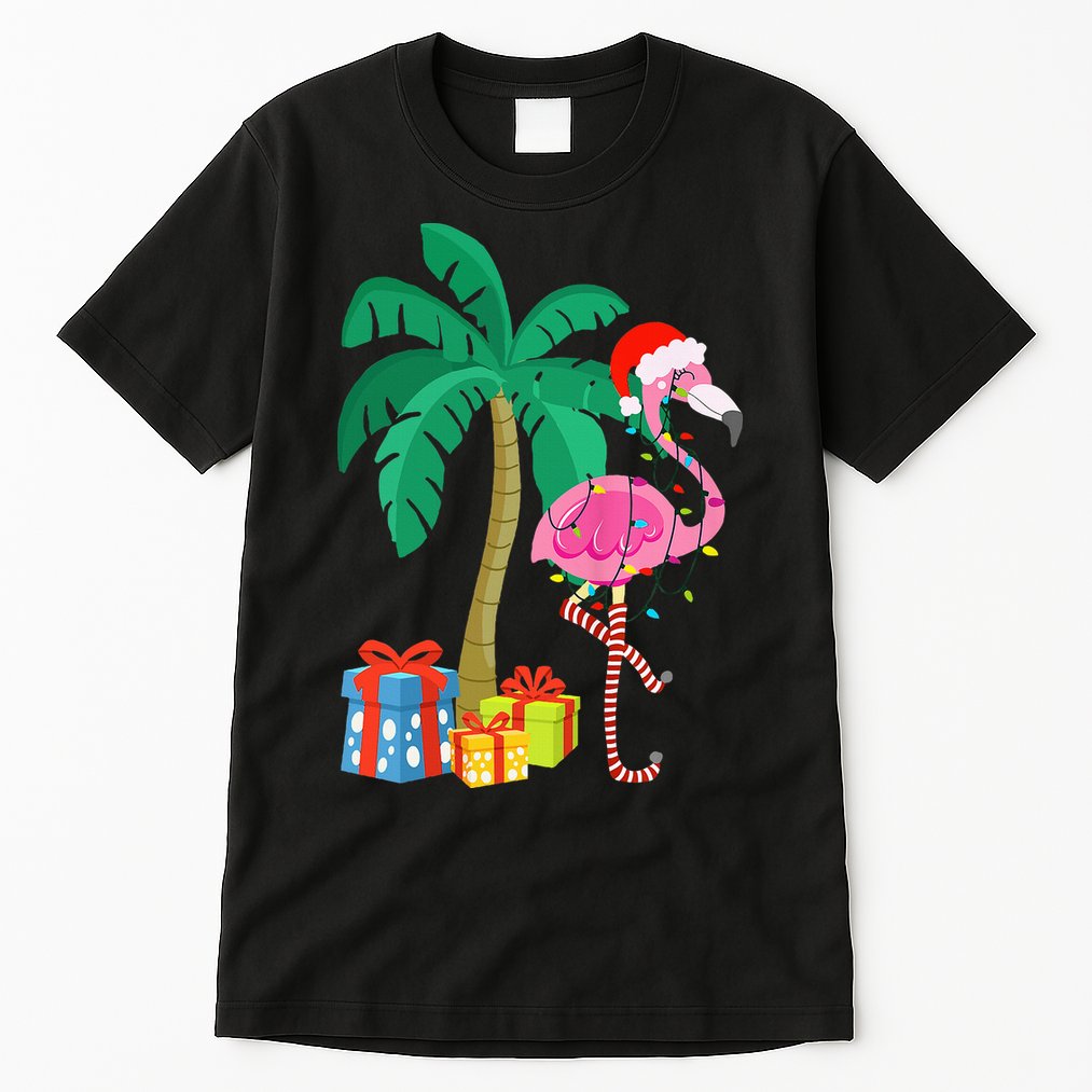 Pink Flamingo Christmas Palm Tree Tropical Xmas Funny Tall T-Shirt