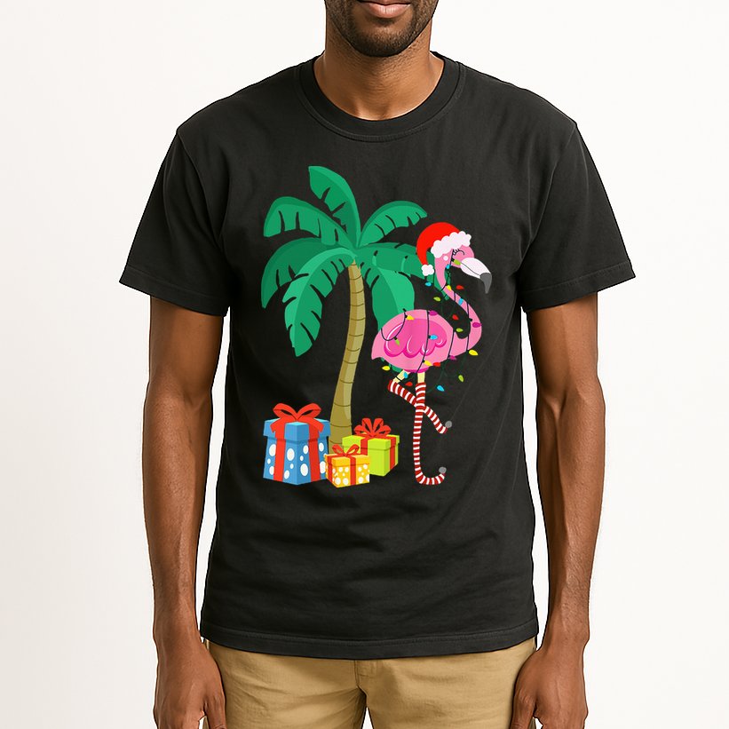 Pink Flamingo Christmas Palm Tree Tropical Xmas Funny Tall T-Shirt