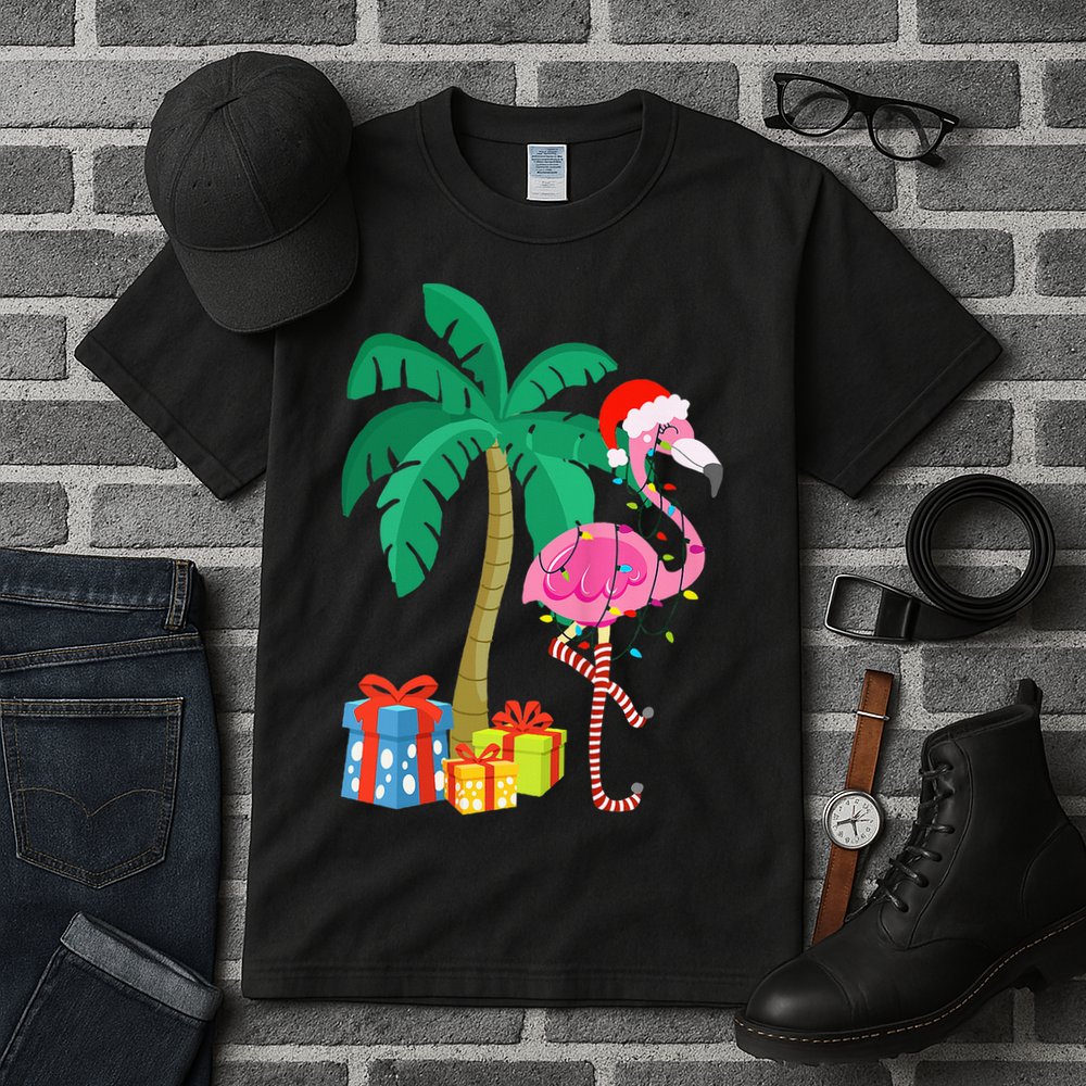 Pink Flamingo Christmas Palm Tree Tropical Xmas Funny Tall T-Shirt
