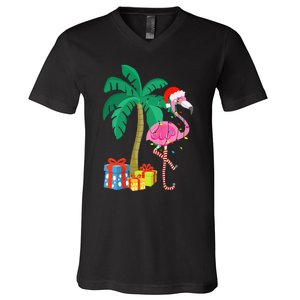 Pink Flamingo Christmas Palm Tree Tropical Xmas Funny V-Neck T-Shirt