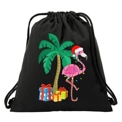 Pink Flamingo Christmas Palm Tree Tropical Xmas Funny Drawstring Bag