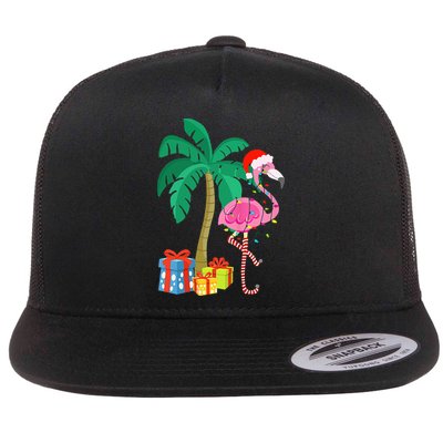 Pink Flamingo Christmas Palm Tree Tropical Xmas Funny Flat Bill Trucker Hat