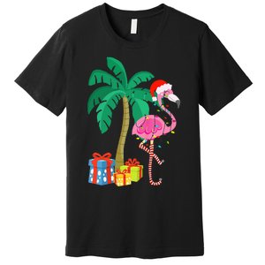 Pink Flamingo Christmas Palm Tree Tropical Xmas Funny Premium T-Shirt