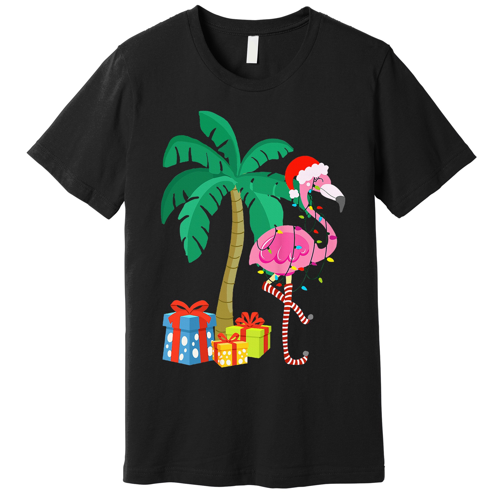 Pink Flamingo Christmas Palm Tree Tropical Xmas Funny Premium T-Shirt
