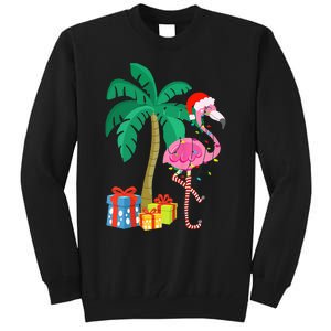 Pink Flamingo Christmas Palm Tree Tropical Xmas Funny Tall Sweatshirt