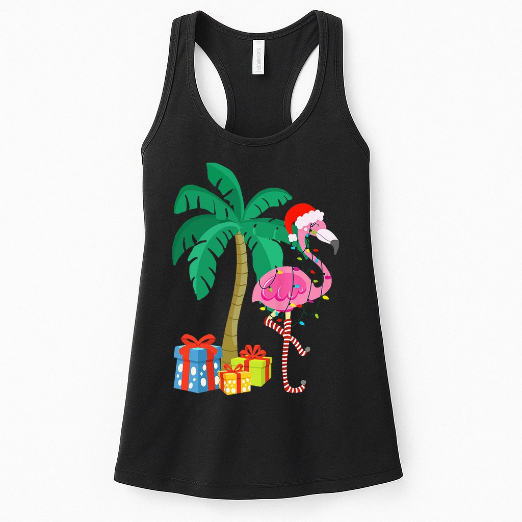 Pink Flamingo Christmas Palm Tree Tropical Xmas Funny Womens Tank Top