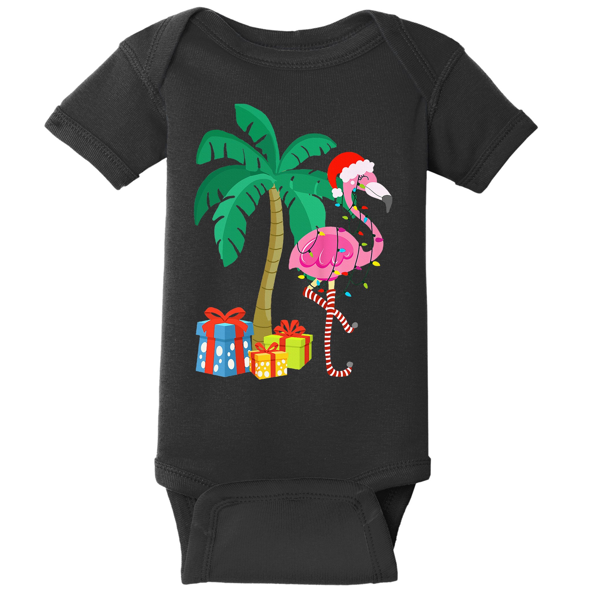 Pink Flamingo Christmas Palm Tree Tropical Xmas Funny Baby Bodysuit