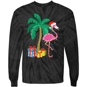 Pink Flamingo Christmas Palm Tree Tropical Xmas Funny Tie-Dye Long Sleeve Shirt