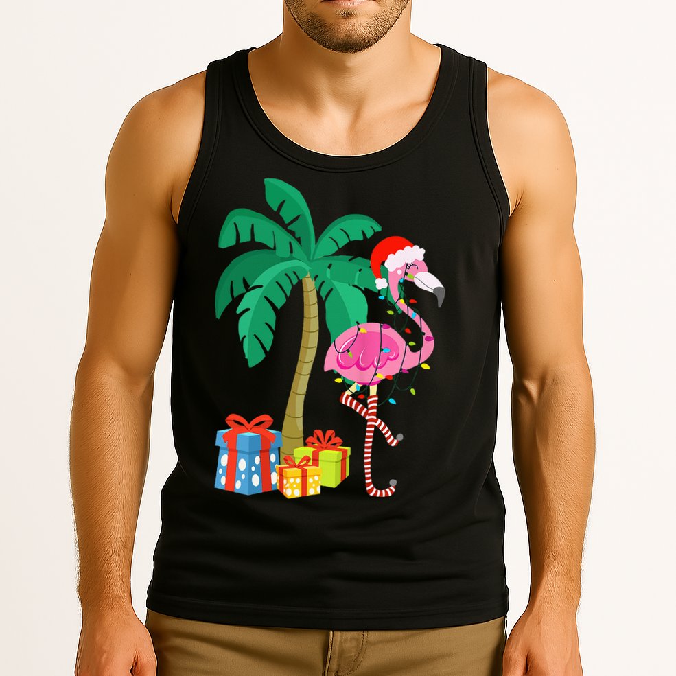 Pink Flamingo Christmas Palm Tree Tropical Xmas Funny Tank Top