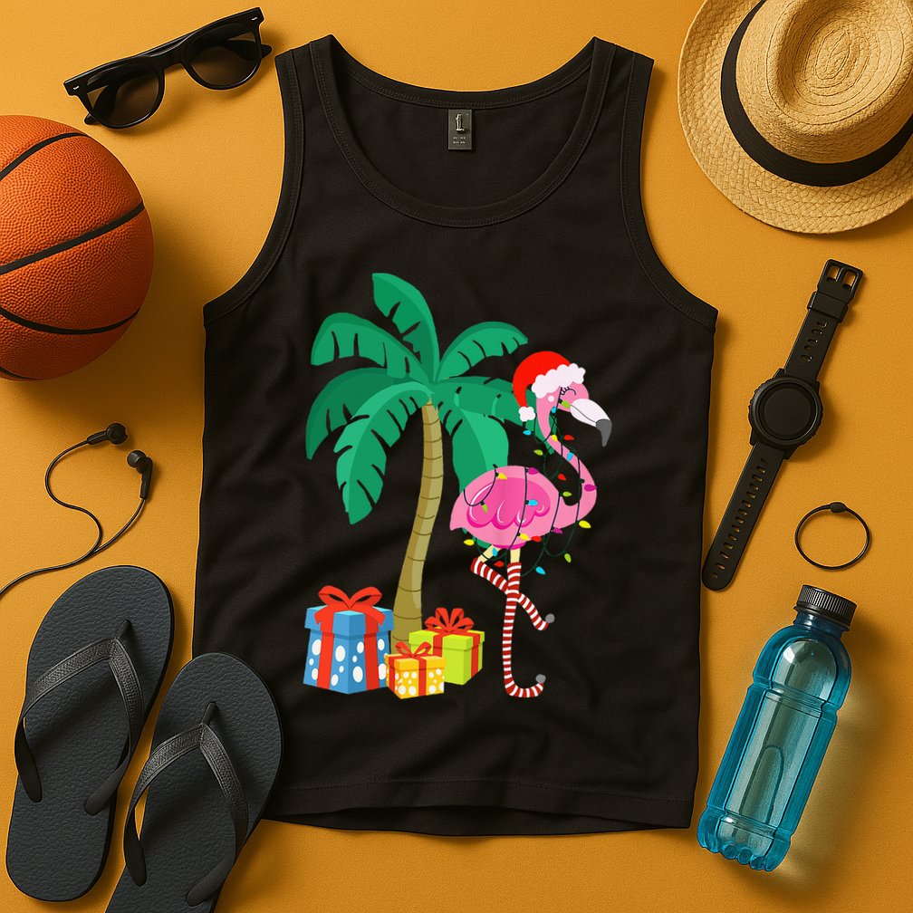 Pink Flamingo Christmas Palm Tree Tropical Xmas Funny Tank Top