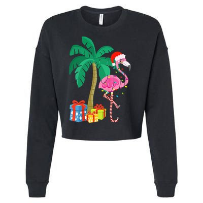 Pink Flamingo Christmas Palm Tree Tropical Xmas Funny Cropped Pullover Crew