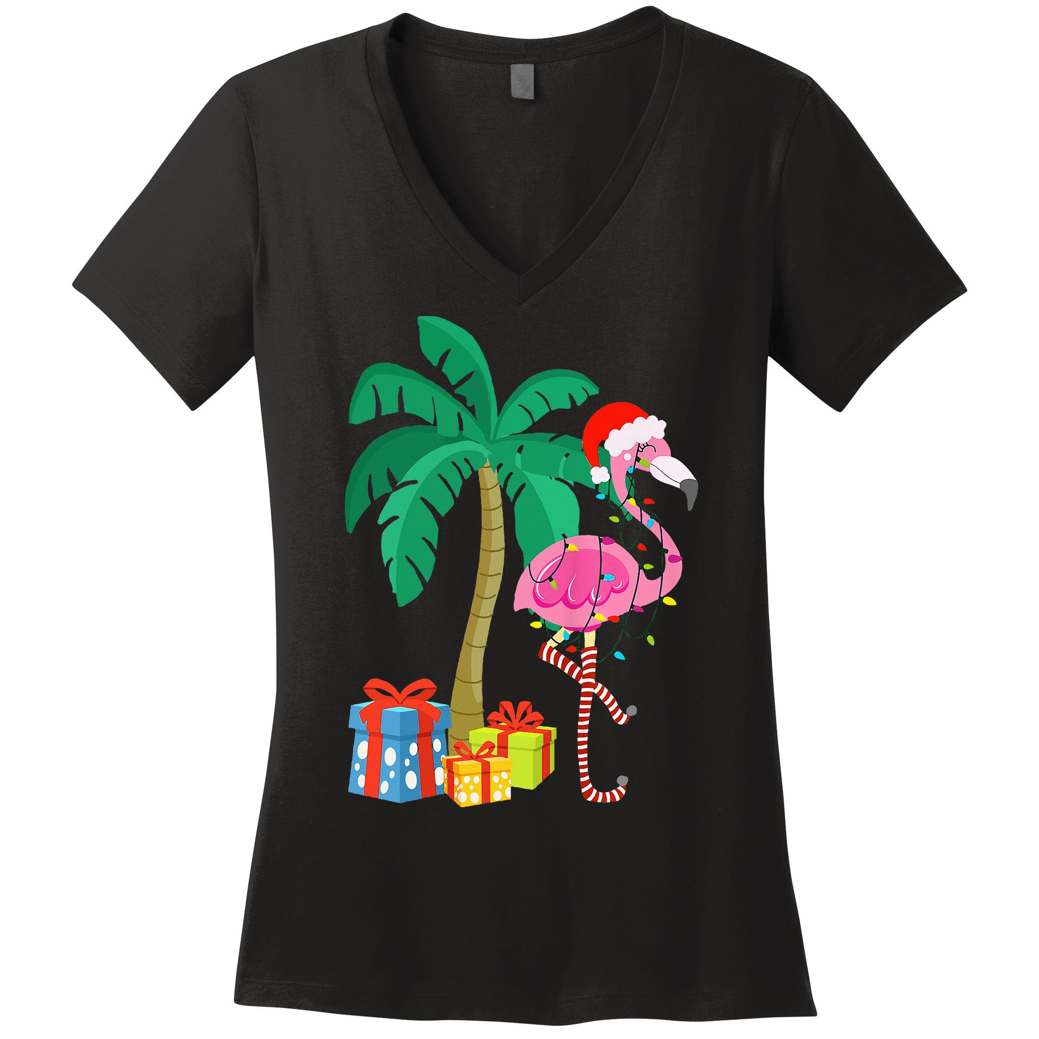 Pink Flamingo Christmas Palm Tree Tropical Xmas Funny Women's V-Neck T-Shirt