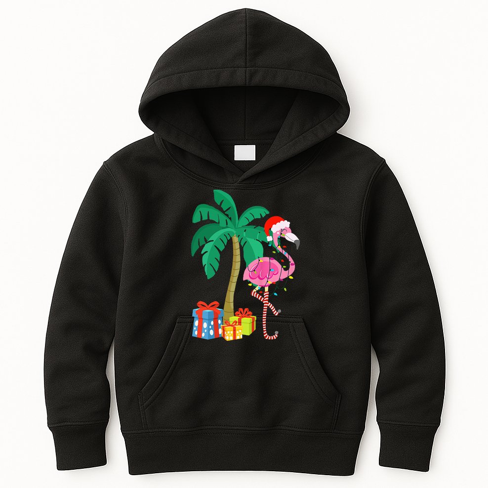 Pink Flamingo Christmas Palm Tree Tropical Xmas Funny Kids Hoodie