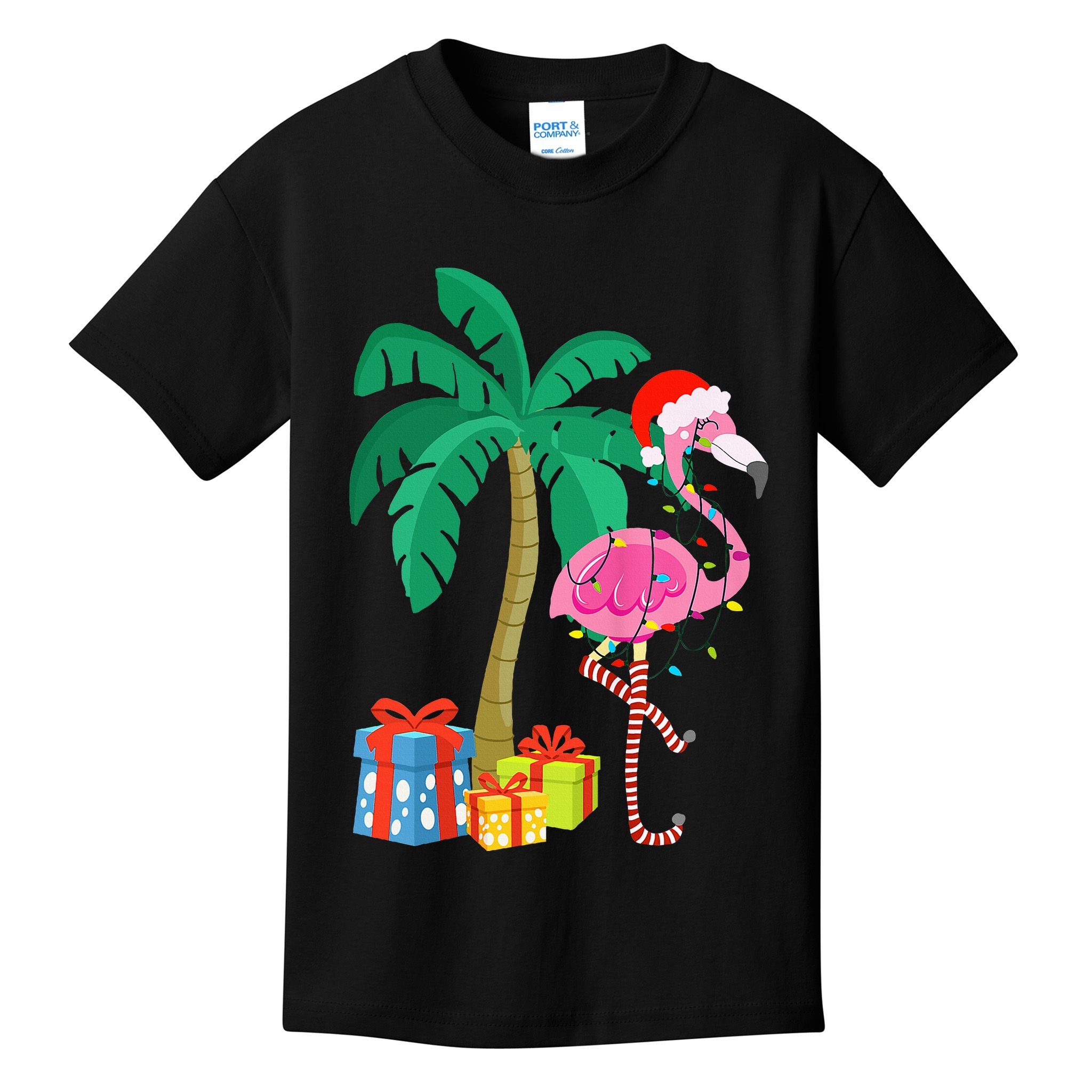 Pink Flamingo Christmas Palm Tree Tropical Xmas Funny Kids T-Shirt