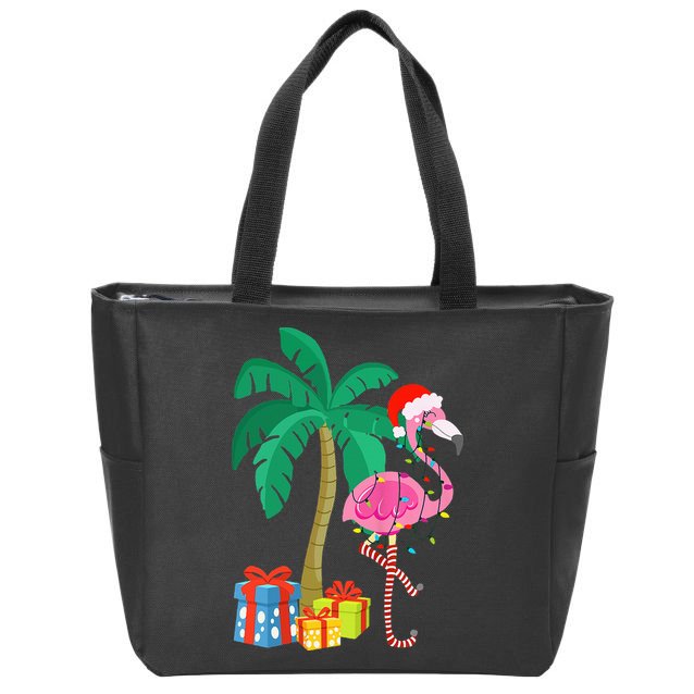Pink Flamingo Christmas Palm Tree Tropical Xmas Funny Zip Tote Bag