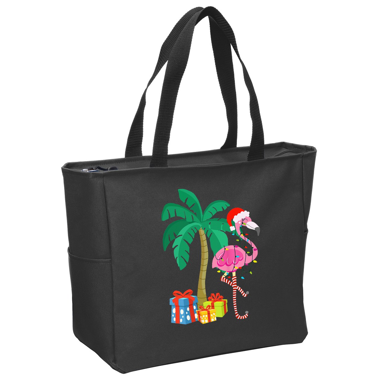 Pink Flamingo Christmas Palm Tree Tropical Xmas Funny Zip Tote Bag