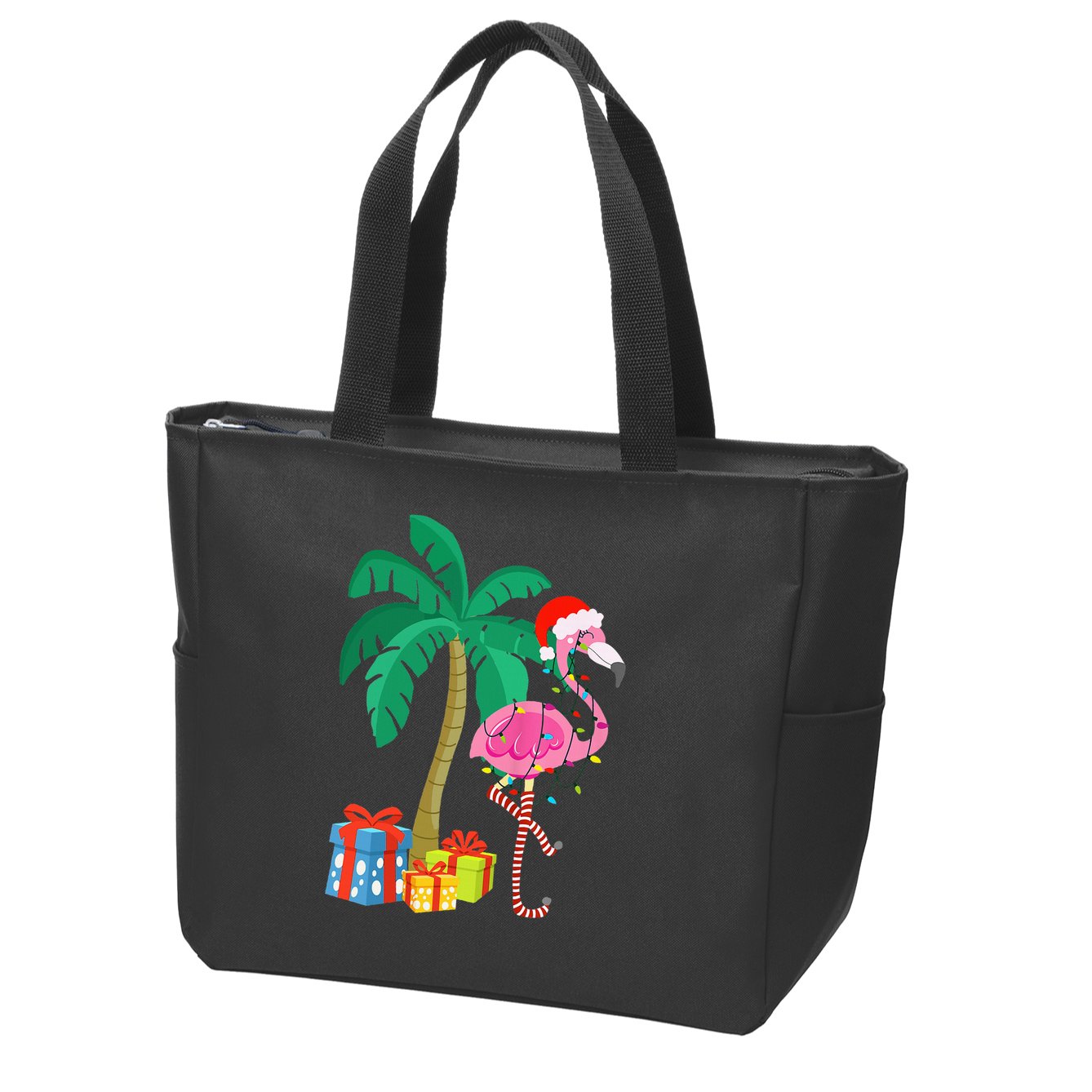 Pink Flamingo Christmas Palm Tree Tropical Xmas Funny Zip Tote Bag