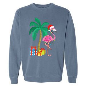 Pink Flamingo Christmas Palm Tree Tropical Xmas Funny Garment-Dyed Sweatshirt