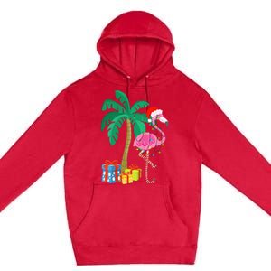 Pink Flamingo Christmas Palm Tree Tropical Xmas Funny Premium Pullover Hoodie