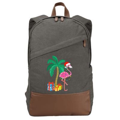 Pink Flamingo Christmas Palm Tree Tropical Xmas Funny Cotton Canvas Backpack