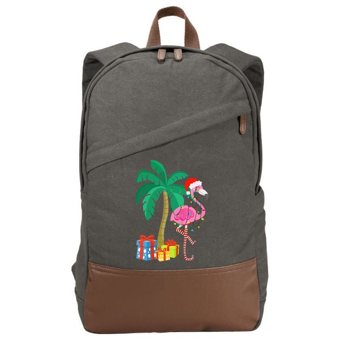 Pink Flamingo Christmas Palm Tree Tropical Xmas Funny Cotton Canvas Backpack