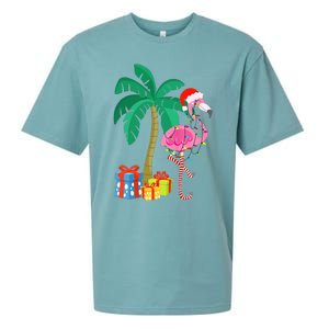 Pink Flamingo Christmas Palm Tree Tropical Xmas Funny Sueded Cloud Jersey T-Shirt