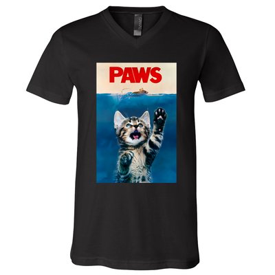 Paws Funny Cat Parody Cat Lover Gift Kitten Shark Mouse Meow V-Neck T-Shirt
