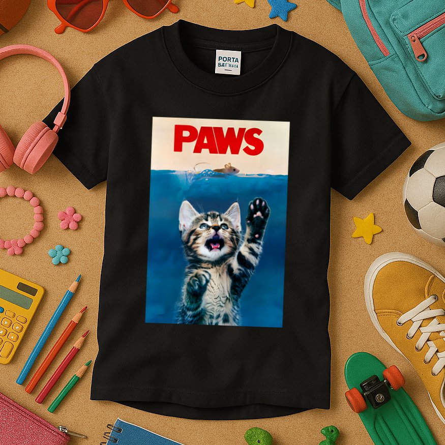 Paws Funny Cat Parody Cat Lover Gift Kitten Shark Mouse Meow Kids T-Shirt