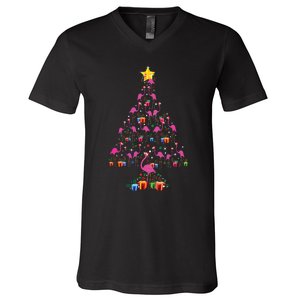 Pink Flamingo Christmas Tree Cute Flamingos Holiday Decor V-Neck T-Shirt