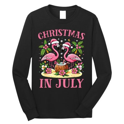 Pink Flamingo Christmas In July Beach Summer Vacation Long Sleeve Shirt