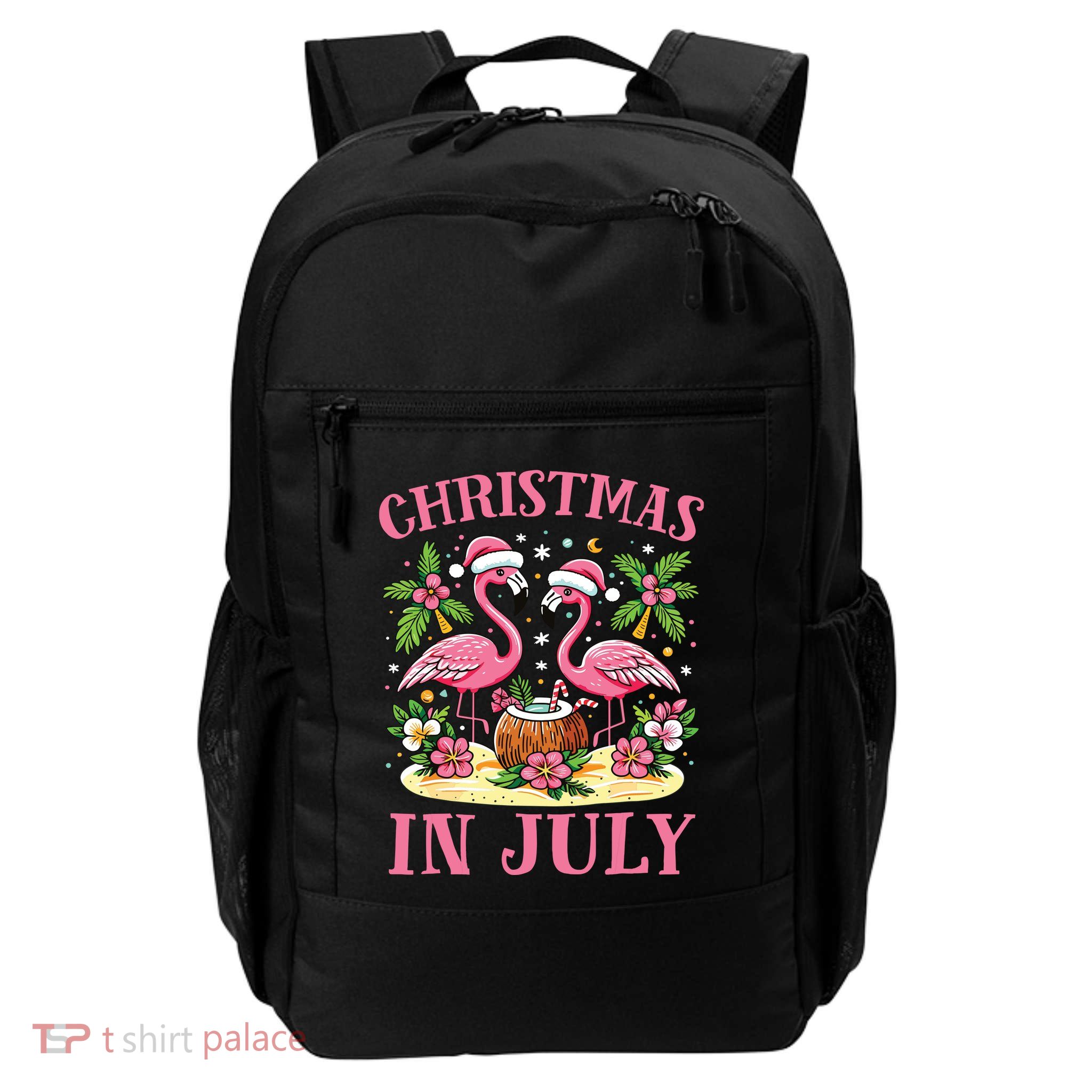 Pink Flamingo Christmas In July Beach Summer Vacation Daily Commute Backpack