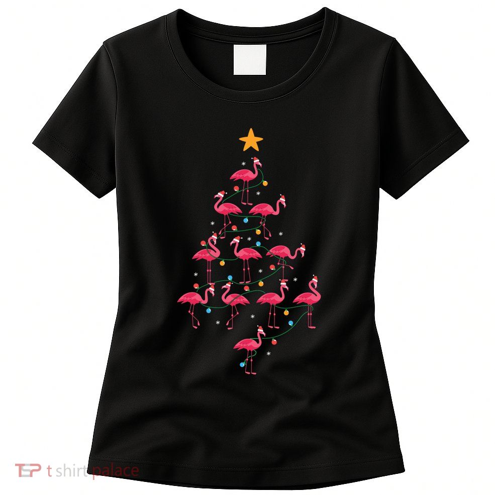 Pink Flamingo Christmas Tree Cute Flamingos Holiday Deco Womens T-Shirt