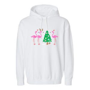 Pink Flamingo Christmas Palm Tree Tropical Xmas Funny Great Gift Garment-Dyed Fleece Hoodie