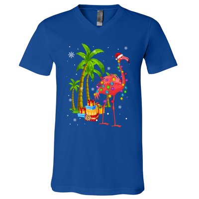 Pink Flamingo Christmas Palm Tree Tropical Xmas Funny Meaningful Gift V-Neck T-Shirt