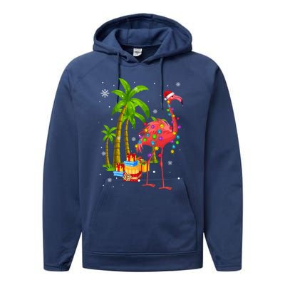 Pink Flamingo Christmas Palm Tree Tropical Xmas Funny Meaningful Gift Performance Fleece Hoodie